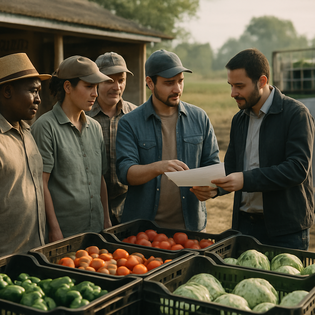 Farmers and a buyer review graded produce at a cooperative collection point beside a
